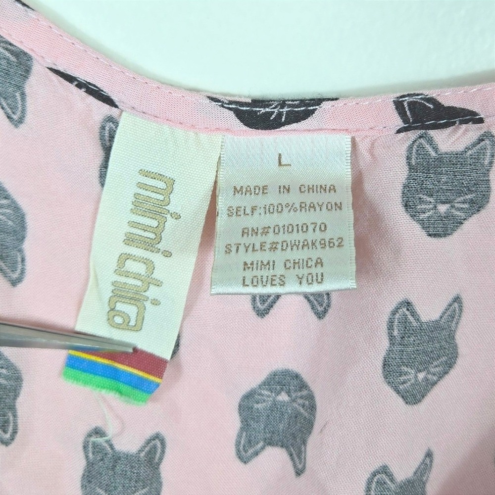 Mimi Chica Women Pink Allover Black Cat Print Sleeveless Mini Dress Large Kawaii - Picture 2 of 8